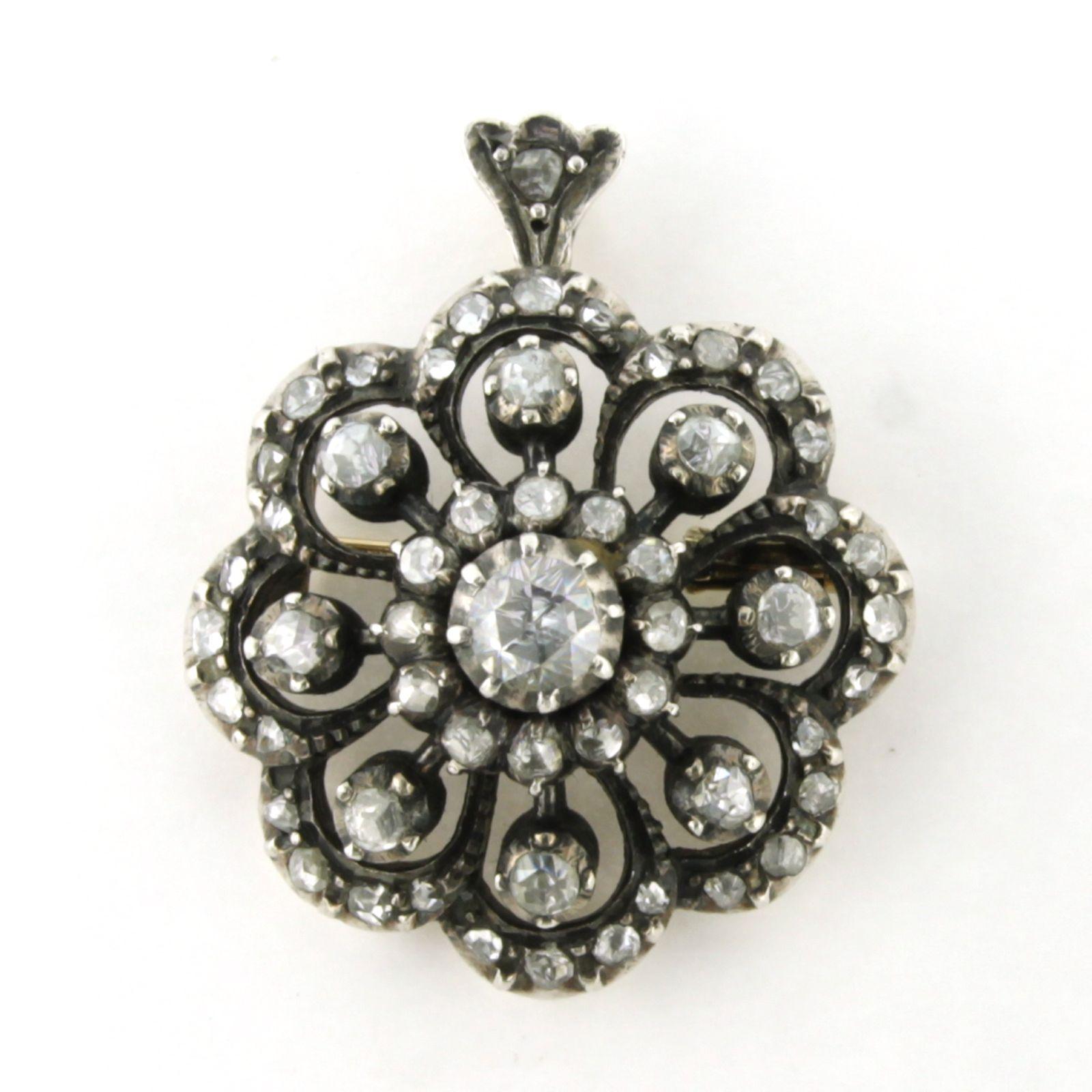 Brooch/ pendant with rose cut diamonds up to 1.00ct 14k gold and silver