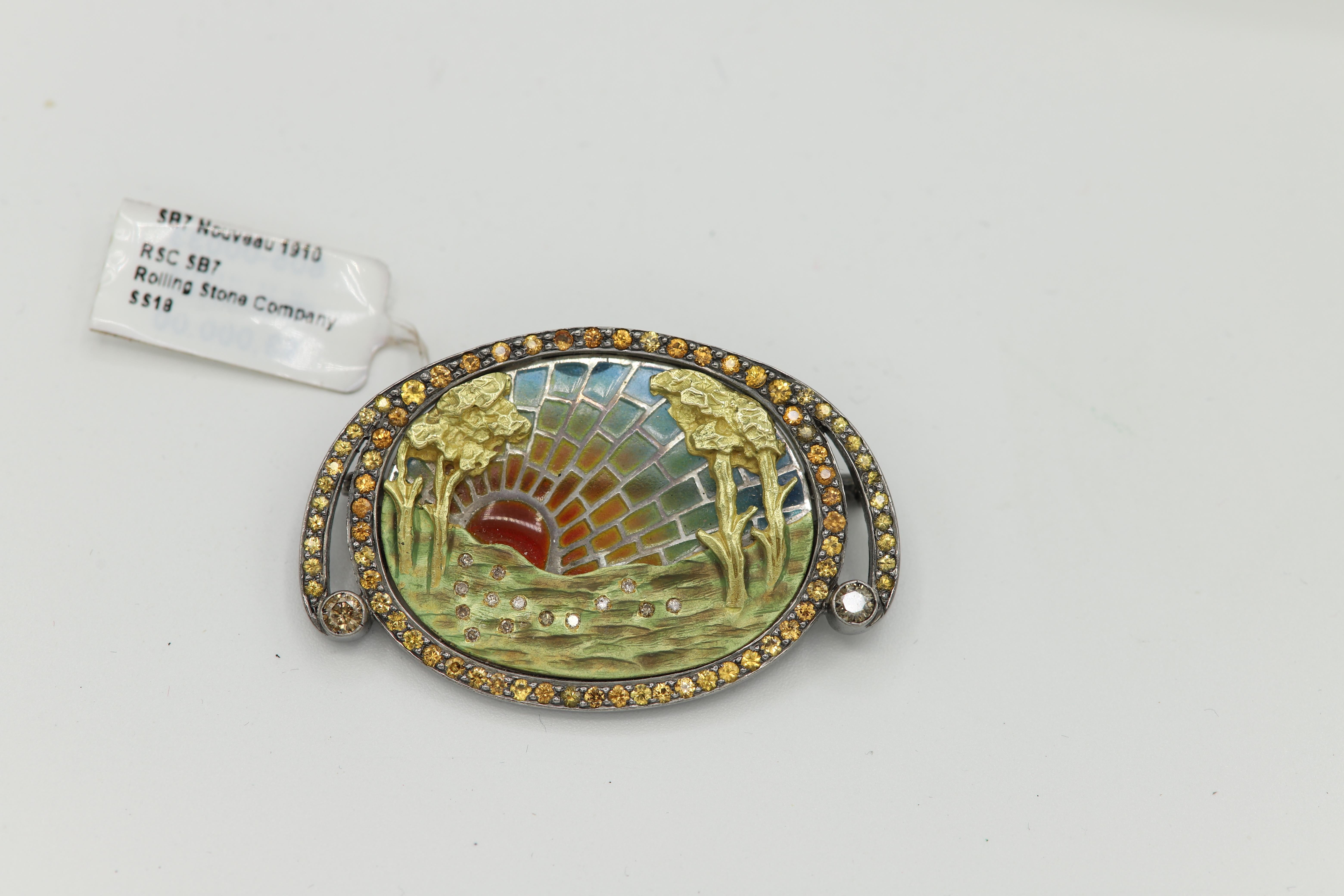 Brosche Anstecknadel Halskette 18 Karat Gold, Silber, Saphir, Emaille und Diamanten im Angebot 1