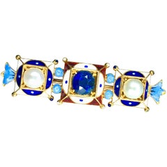 Brooch, Polychrome Enamel, Sapphire and Pearls, 18 Karat Yellow Gold, 1850s