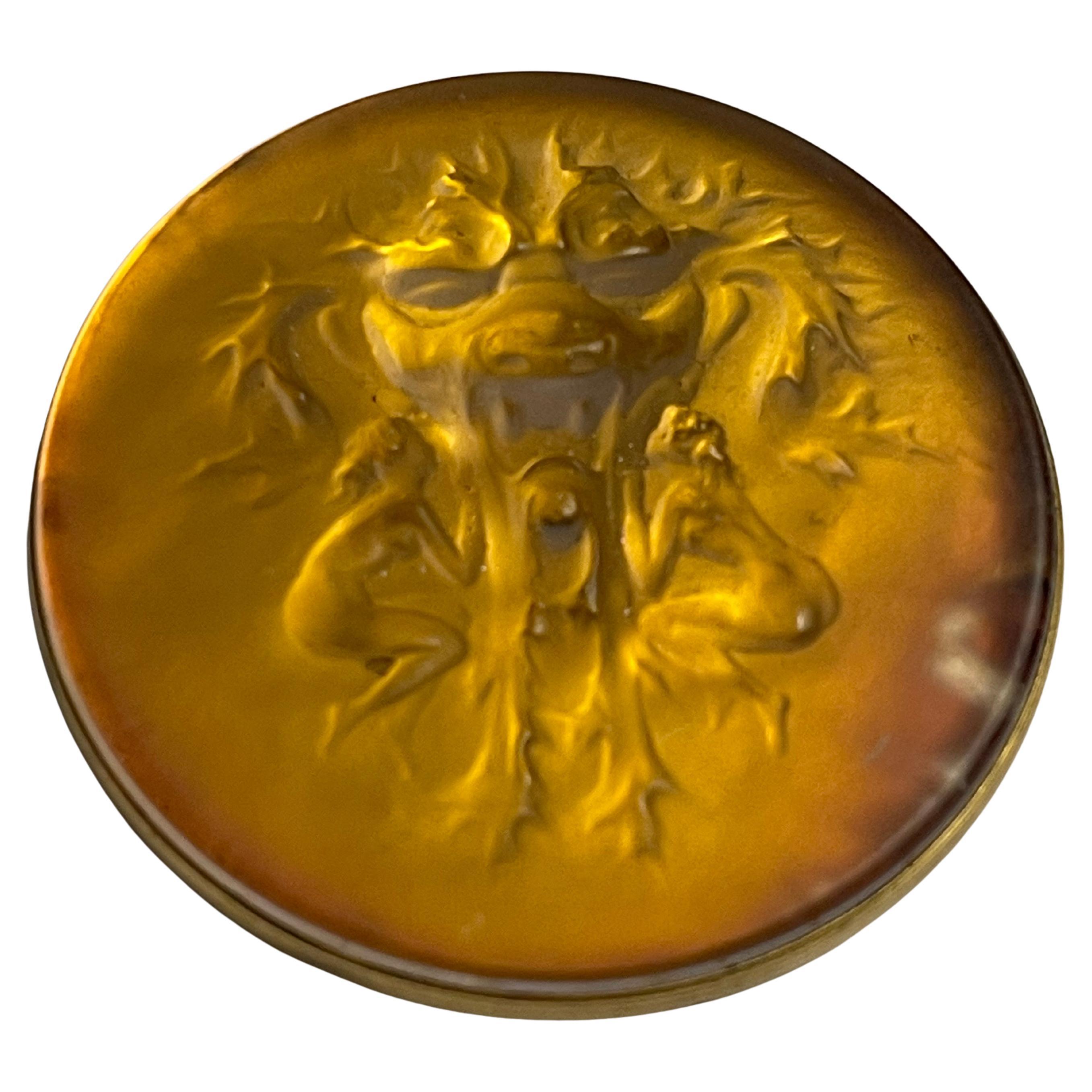 Spilla René Lalique anno 1912 Deux Figurines et Masque Clinquant Orange firmato