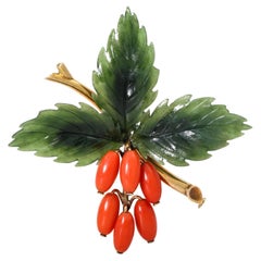 Brooch 'Rosehip Branch' Made of Coral and Nephrite