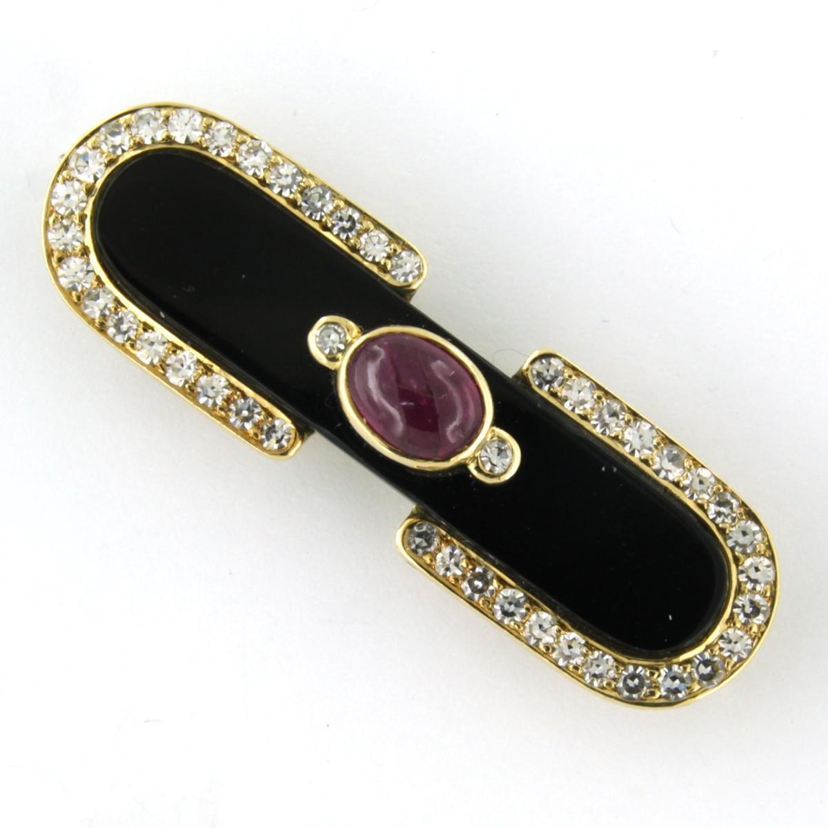 Modern Brooch Ruby, Onyx and diamond 18k yellow gold  For Sale