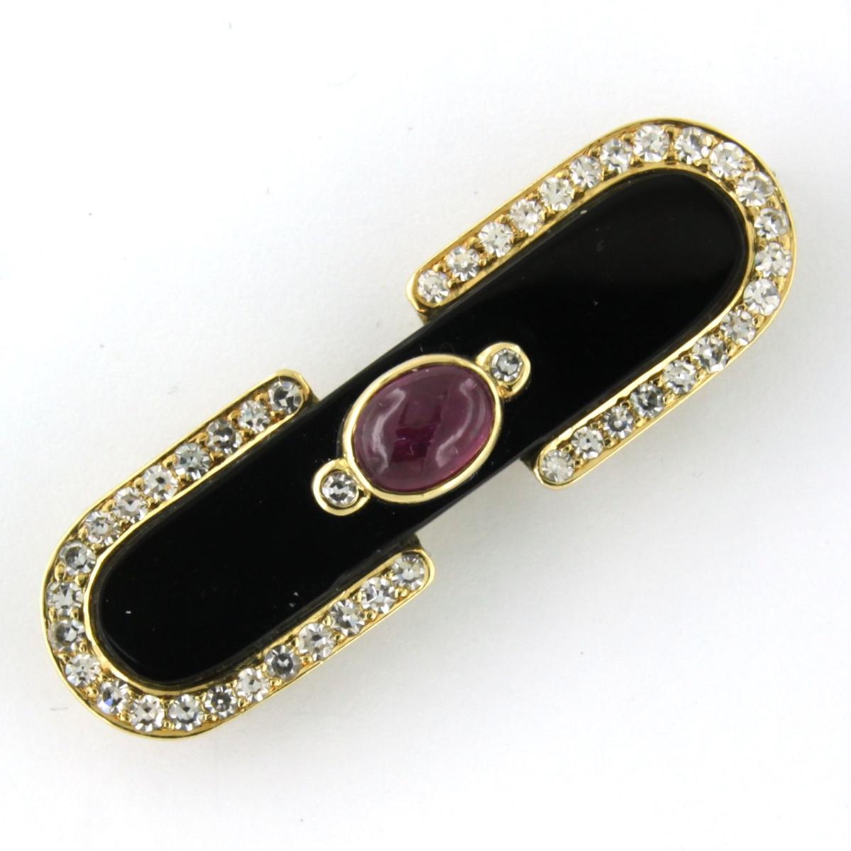 Single Cut Brooch Ruby, Onyx and diamond 18k yellow gold  For Sale