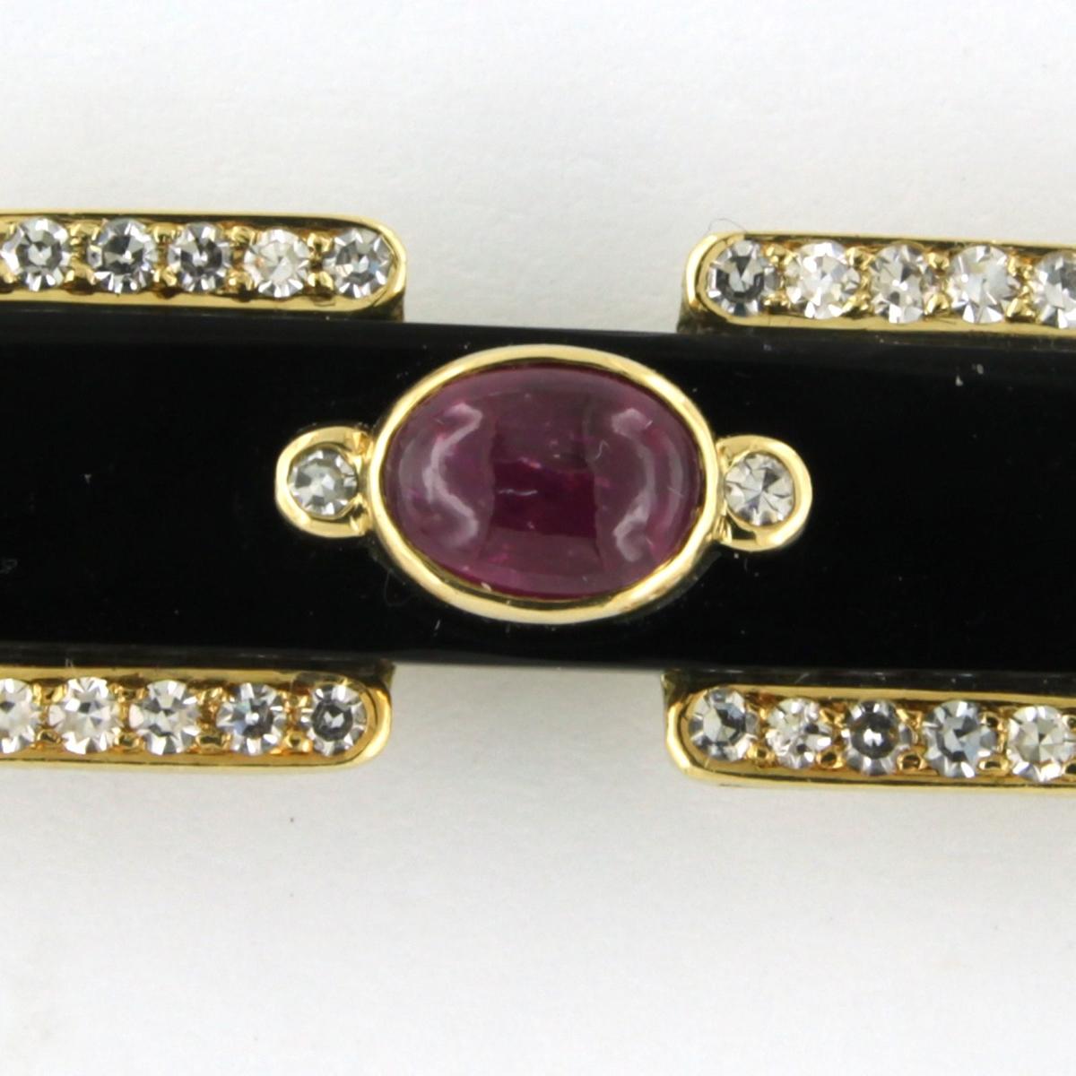 Women's Brooch Ruby, Onyx and diamond 18k yellow gold  For Sale
