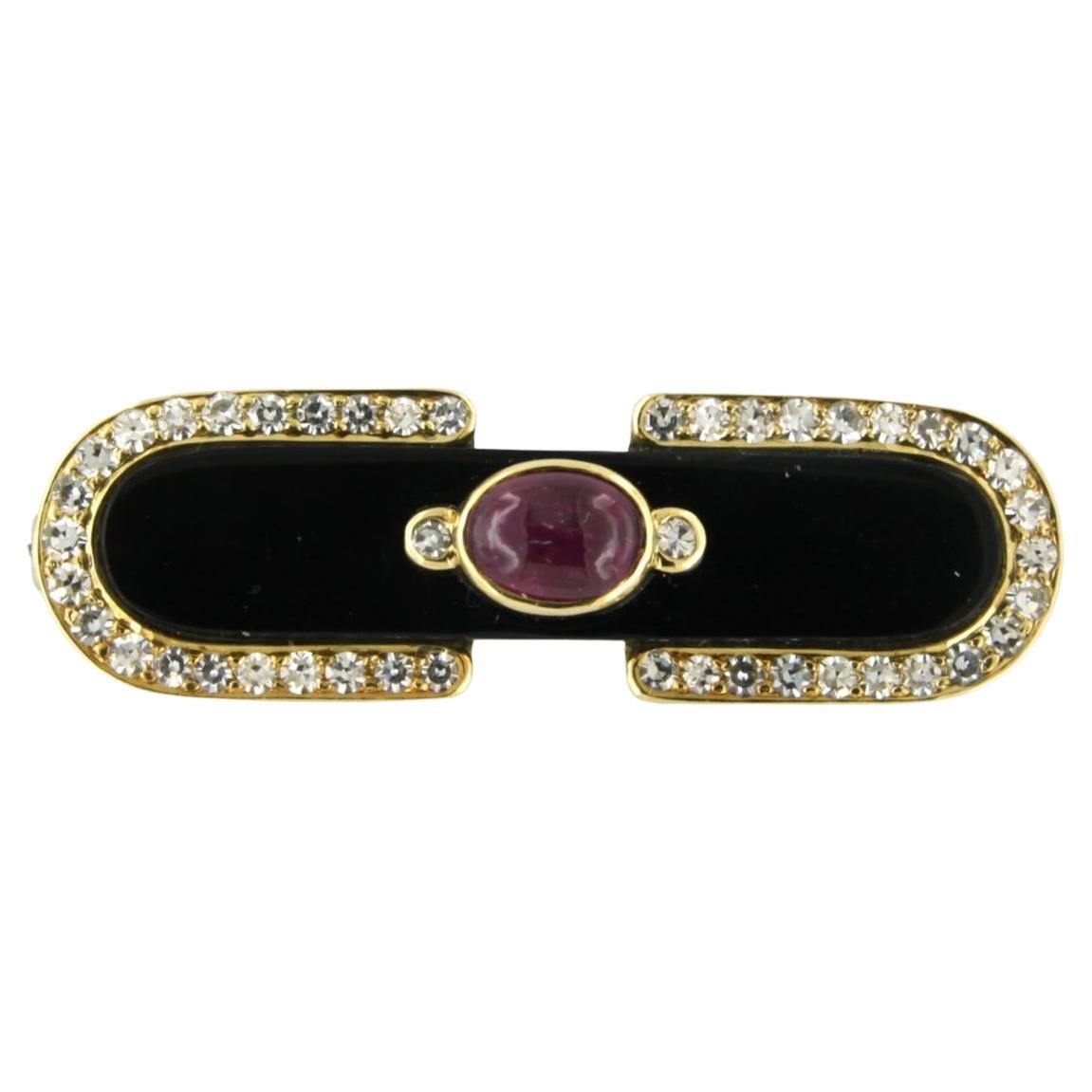 Brooch Ruby, Onyx and diamond 18k yellow gold  For Sale