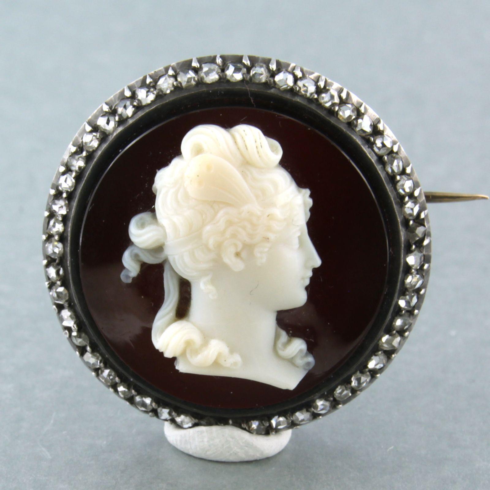 Rose Cut Brooch set with cameo and diamonds 18k yellow gold and silver For Sale