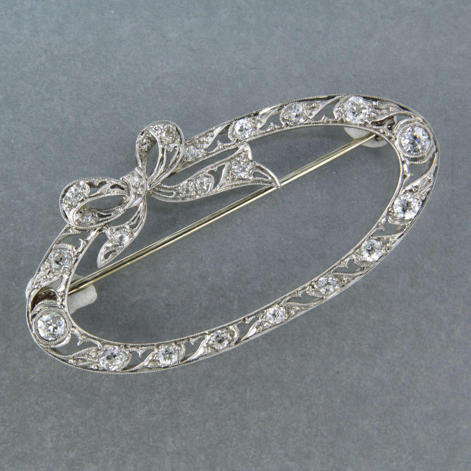 Old Mine Cut Brooch set with Diamonds, 14k white gold with platina For Sale