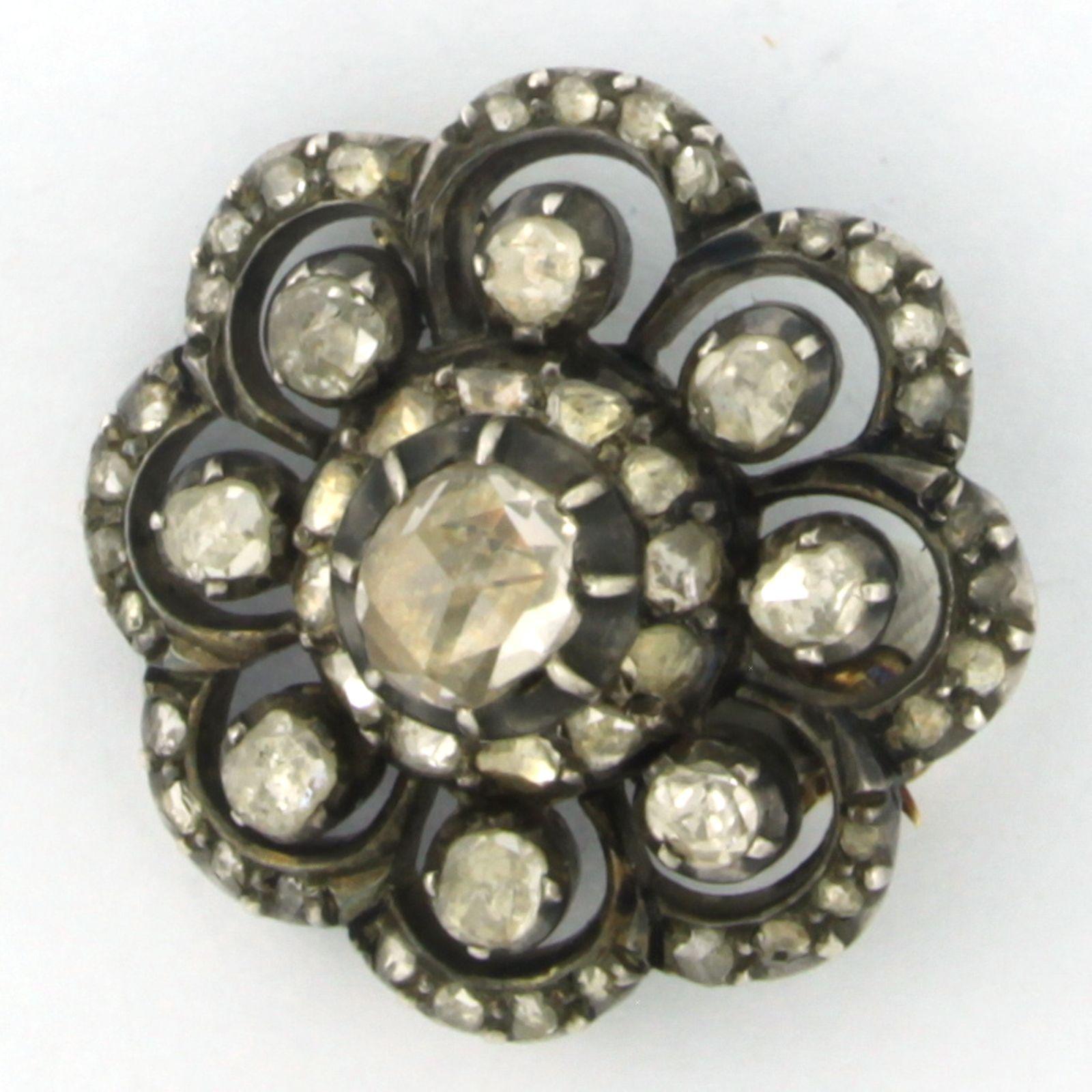 Rose Cut Brooch set with diamonds 14k yellow gold and silver For Sale