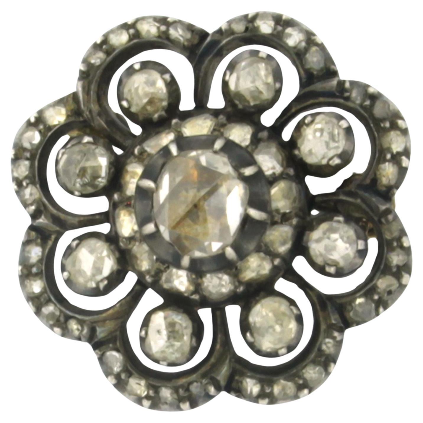 Brooch set with diamonds 14k yellow gold and silver For Sale