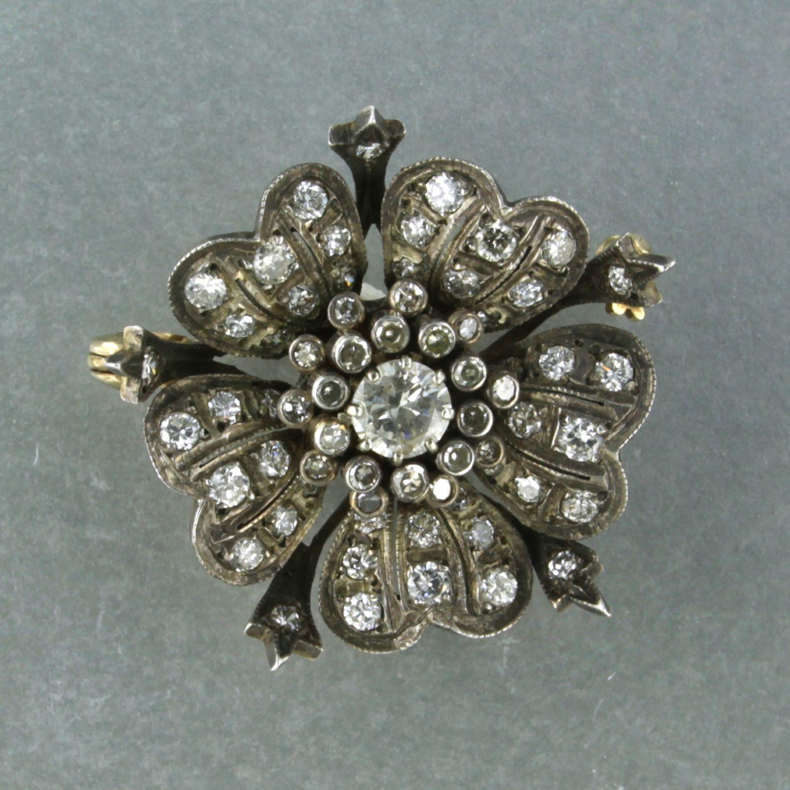 Early Victorian Brooch set with diamonds up to 2.60ct 14k yellow gold and silver For Sale