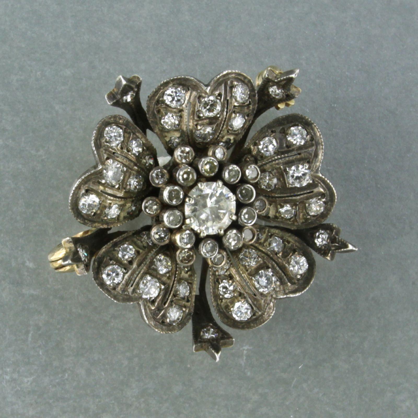 Old European Cut Brooch set with diamonds up to 2.60ct 14k yellow gold and silver For Sale