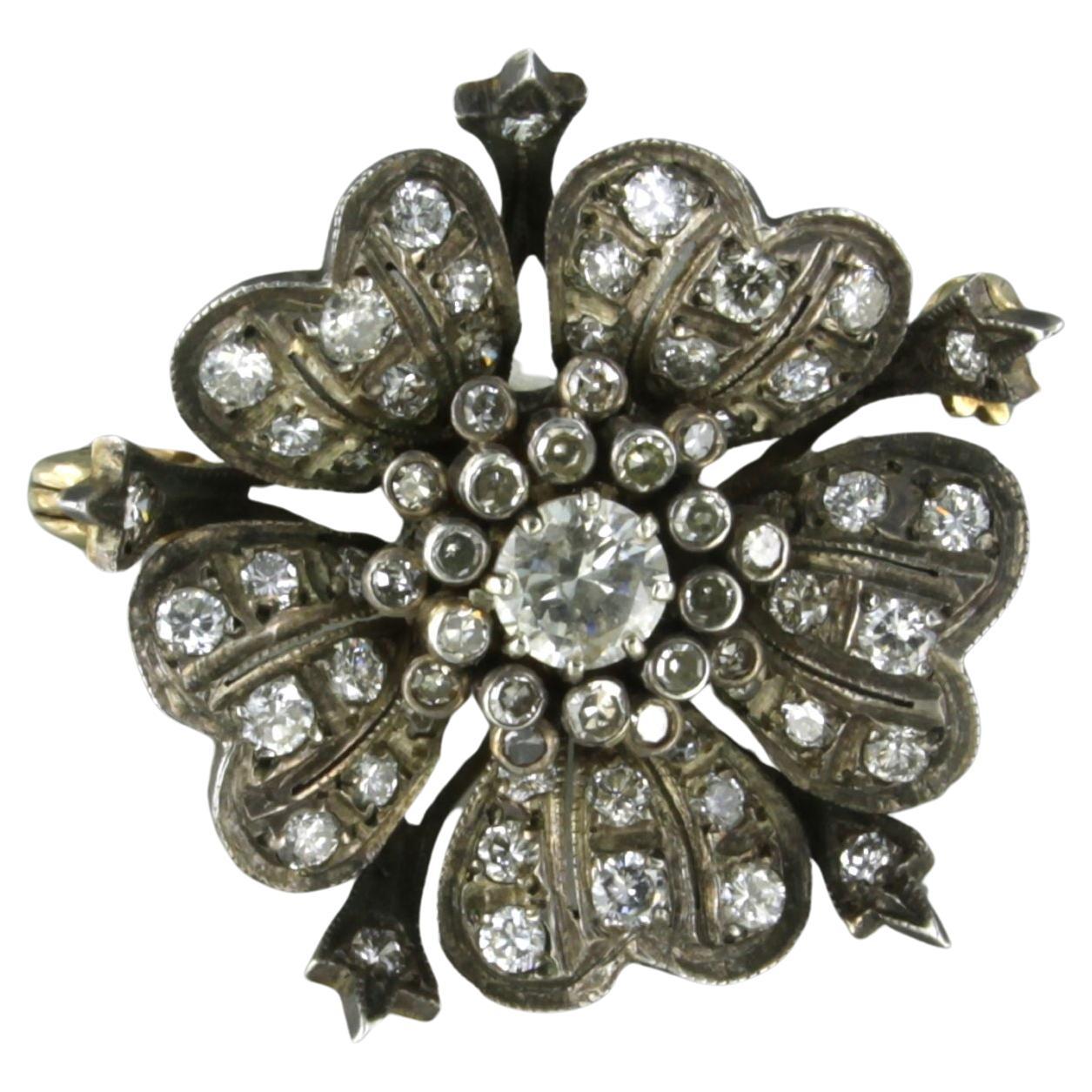 Brooch set with diamonds up to 2.60ct 14k yellow gold and silver For Sale