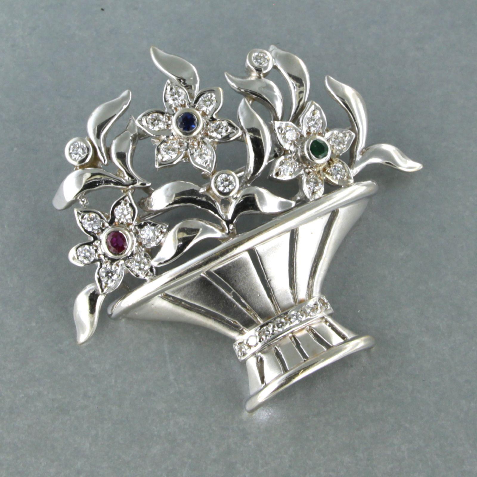 Modern Brooch set with Emerald, Ruby and Sapphire and diamonds , 18k white gold For Sale