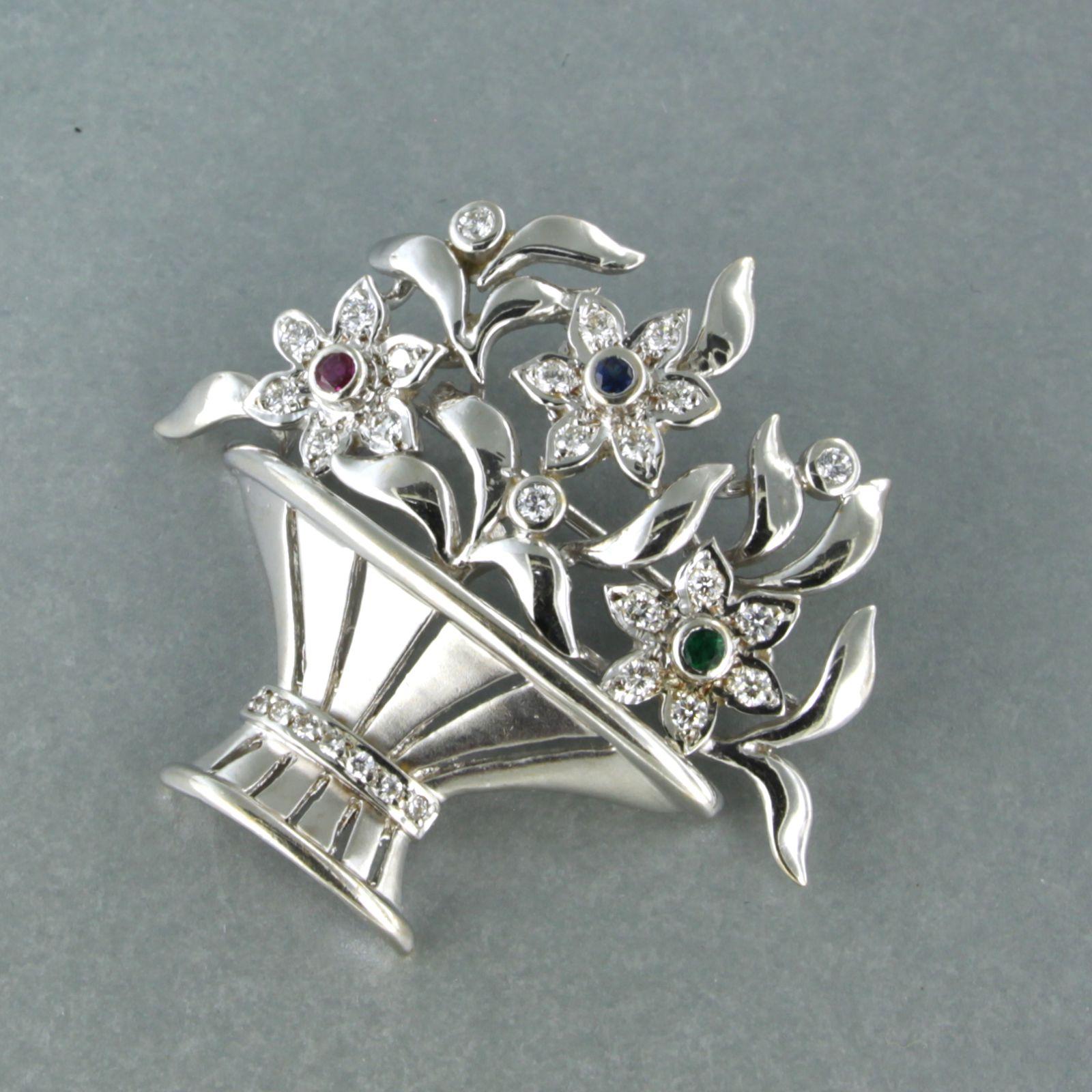 Brilliant Cut Brooch set with Emerald, Ruby and Sapphire and diamonds , 18k white gold For Sale