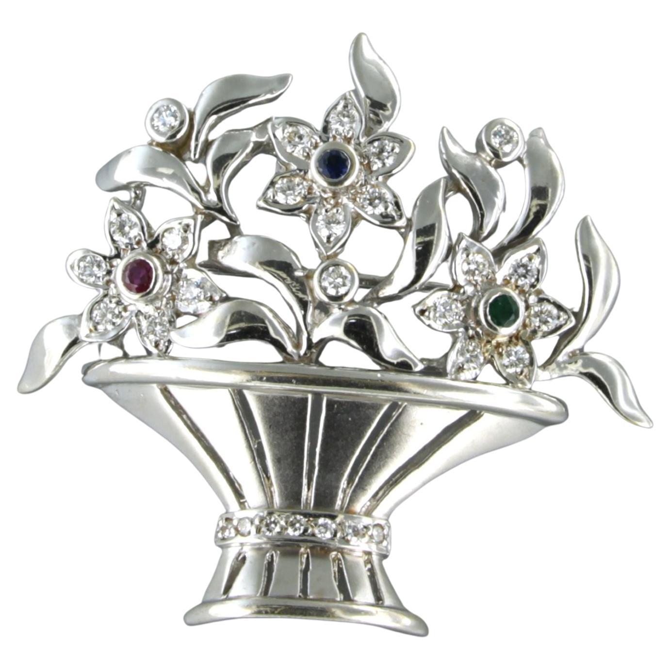 Brooch set with Emerald, Ruby and Sapphire and diamonds , 18k white gold For Sale