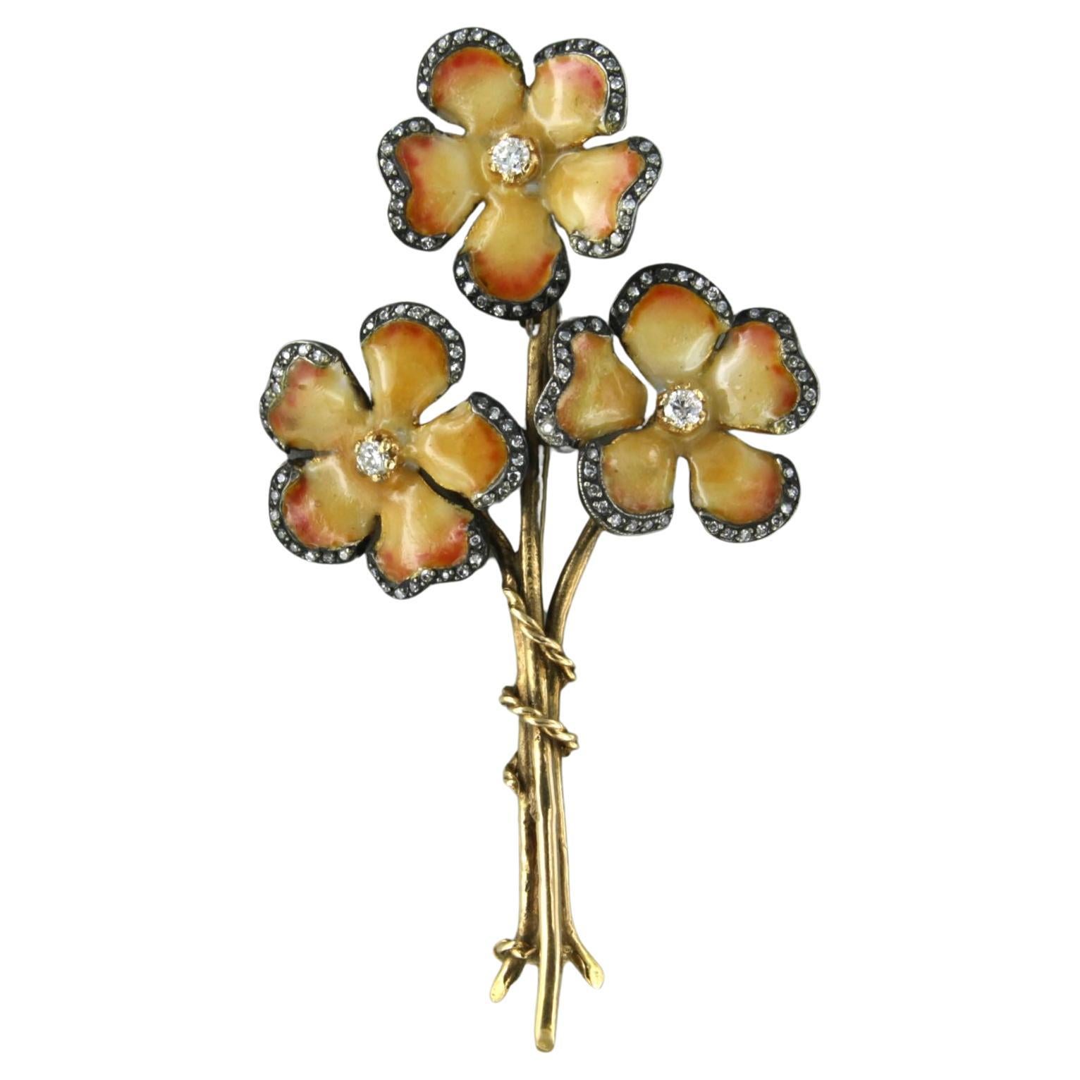 Brooch set with enamal and diamonds 18k yellow gold For Sale