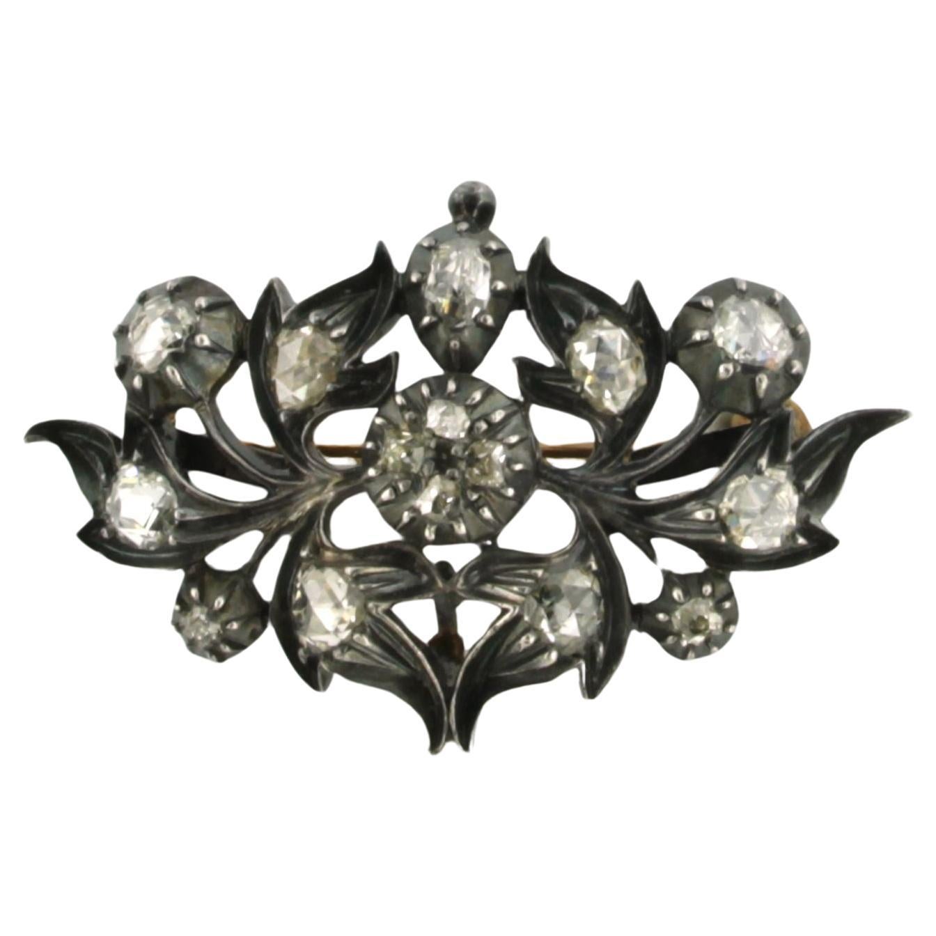 Brooch set with old mine and rose cut diamonds up to 1.00ct 14k gold and silver