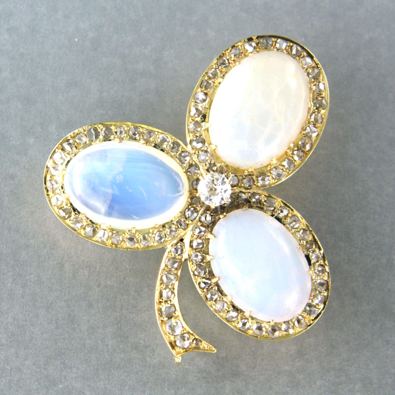 Old Mine Cut Brooch set with opal and diamonds up to 1.30ct 14k yellow gold For Sale