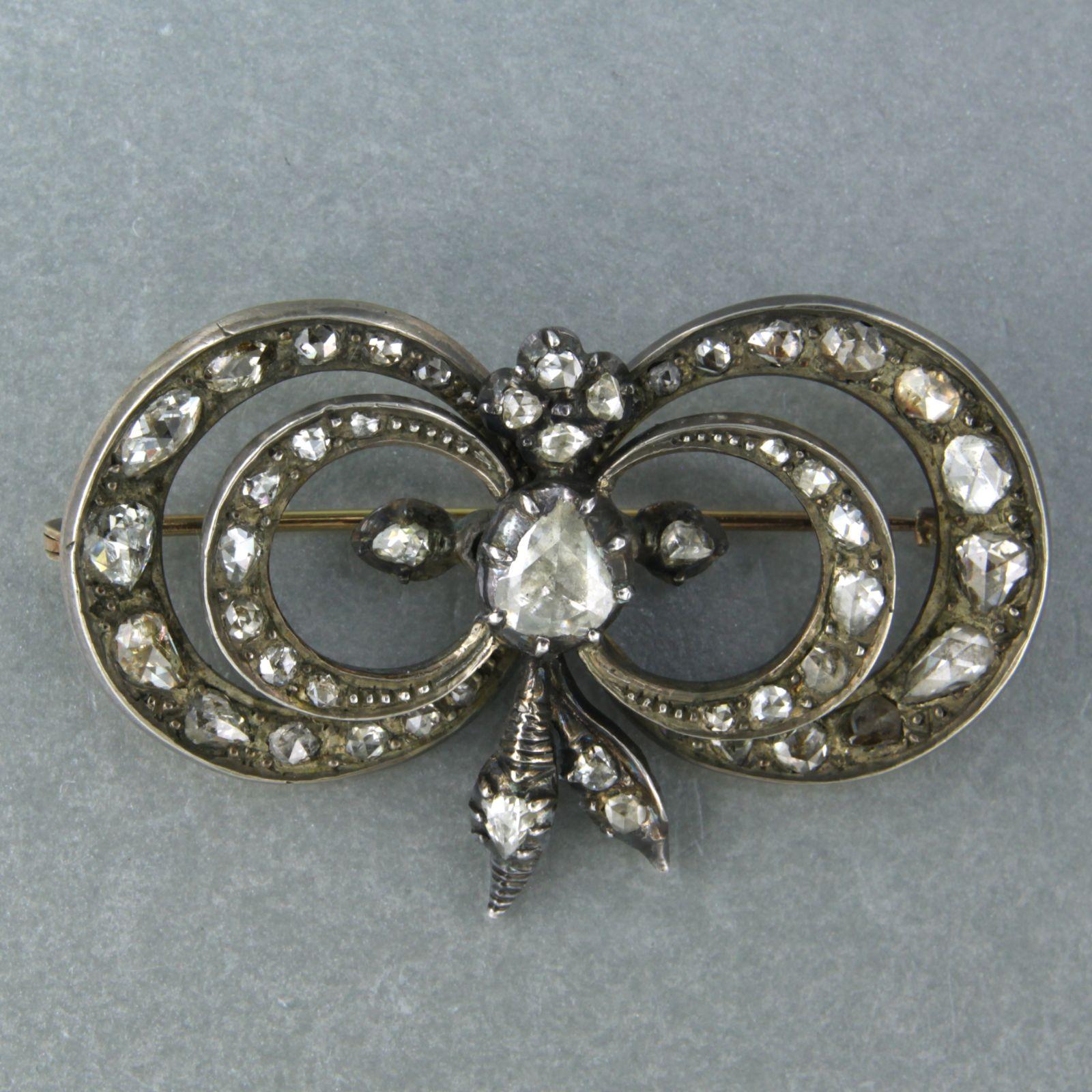 Rose Cut Brooch set with rose cut diamonds up to 2.00ct 14k yellow gold and silver For Sale