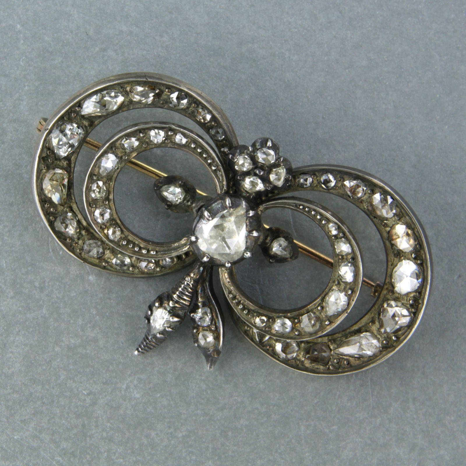 Women's Brooch set with rose cut diamonds up to 2.00ct 14k yellow gold and silver For Sale