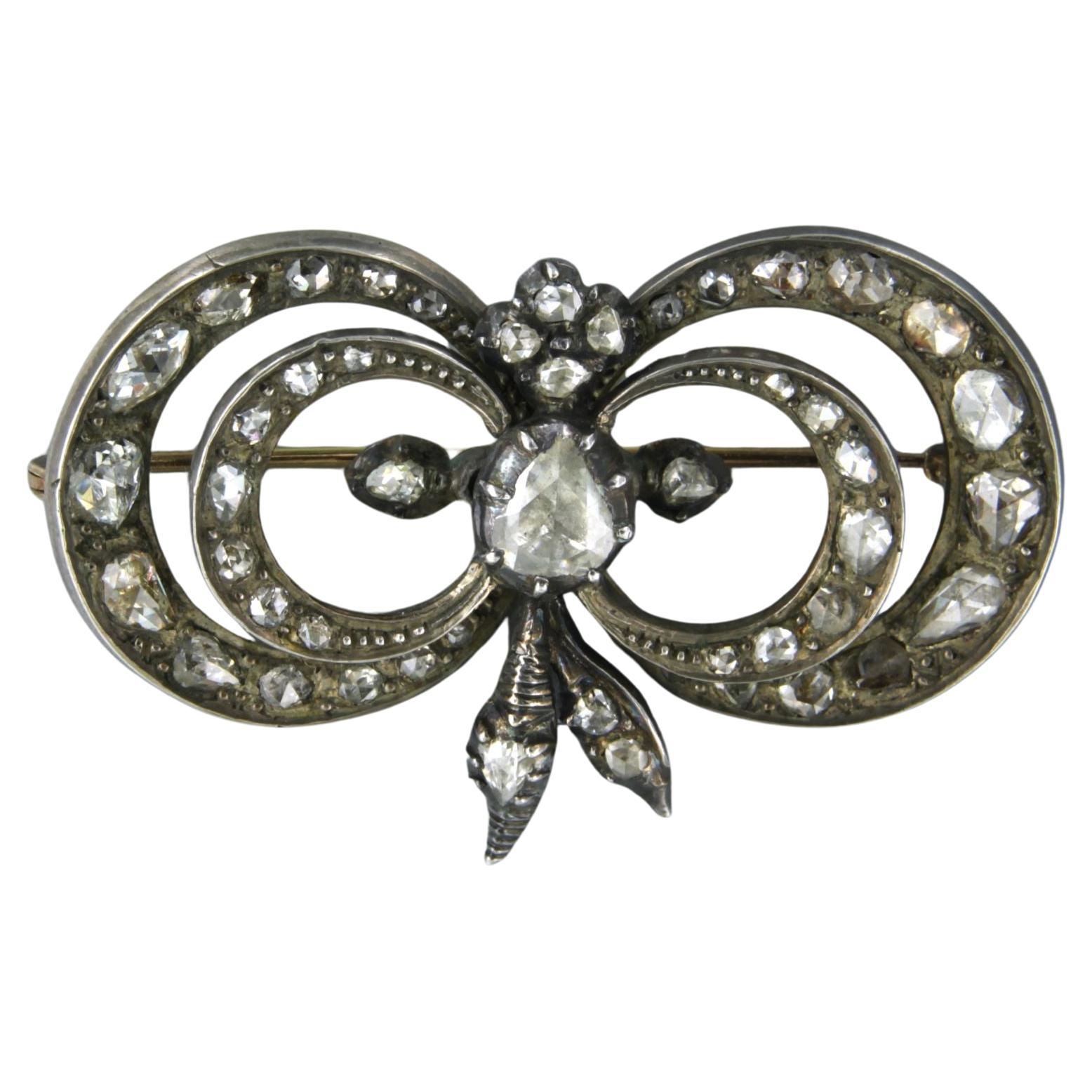 Brooch set with rose cut diamonds up to 2.00ct 14k yellow gold and silver For Sale