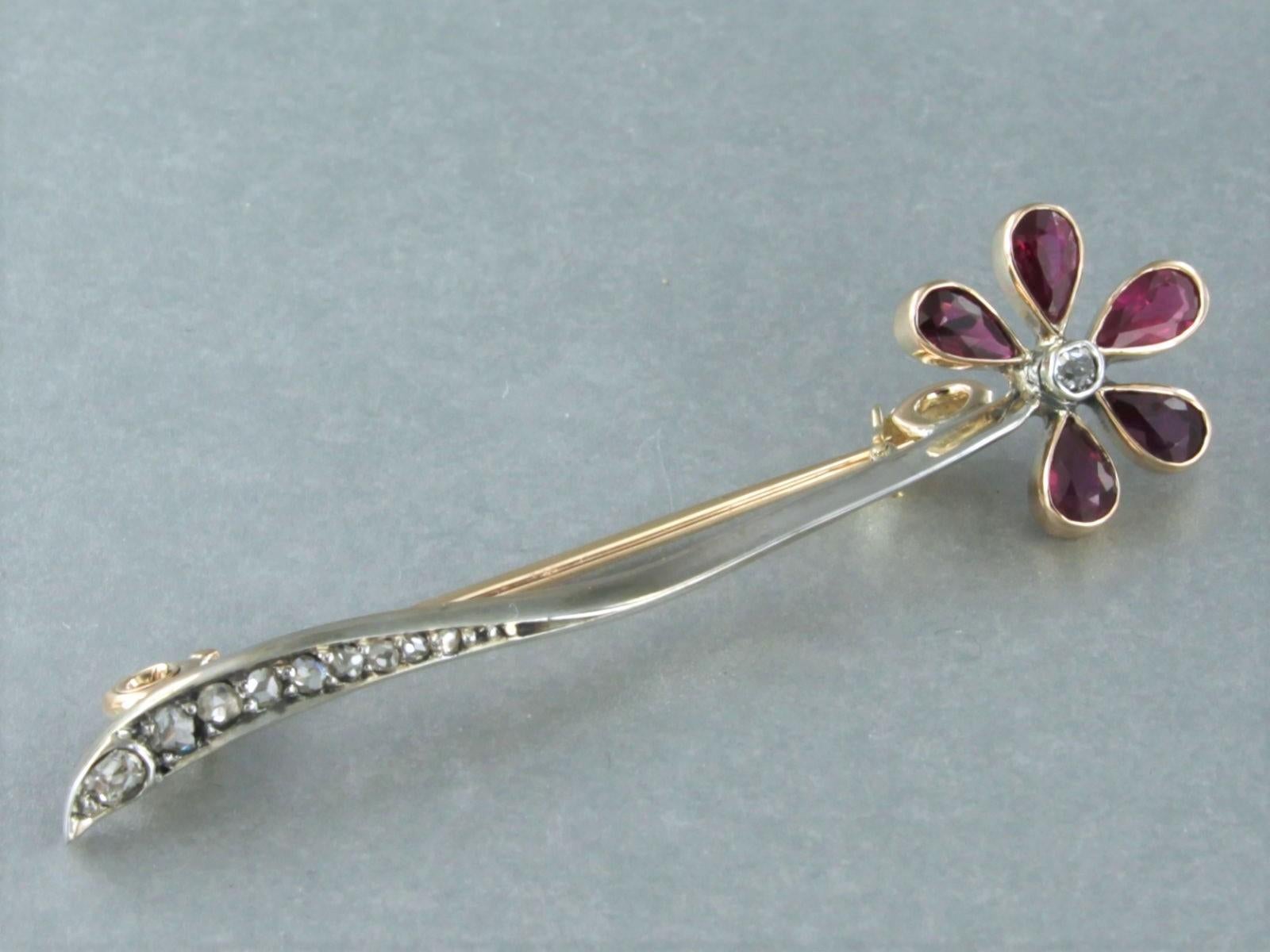 Early Victorian Brooch set with ruby and diamonds 14k yellow gold and silver For Sale