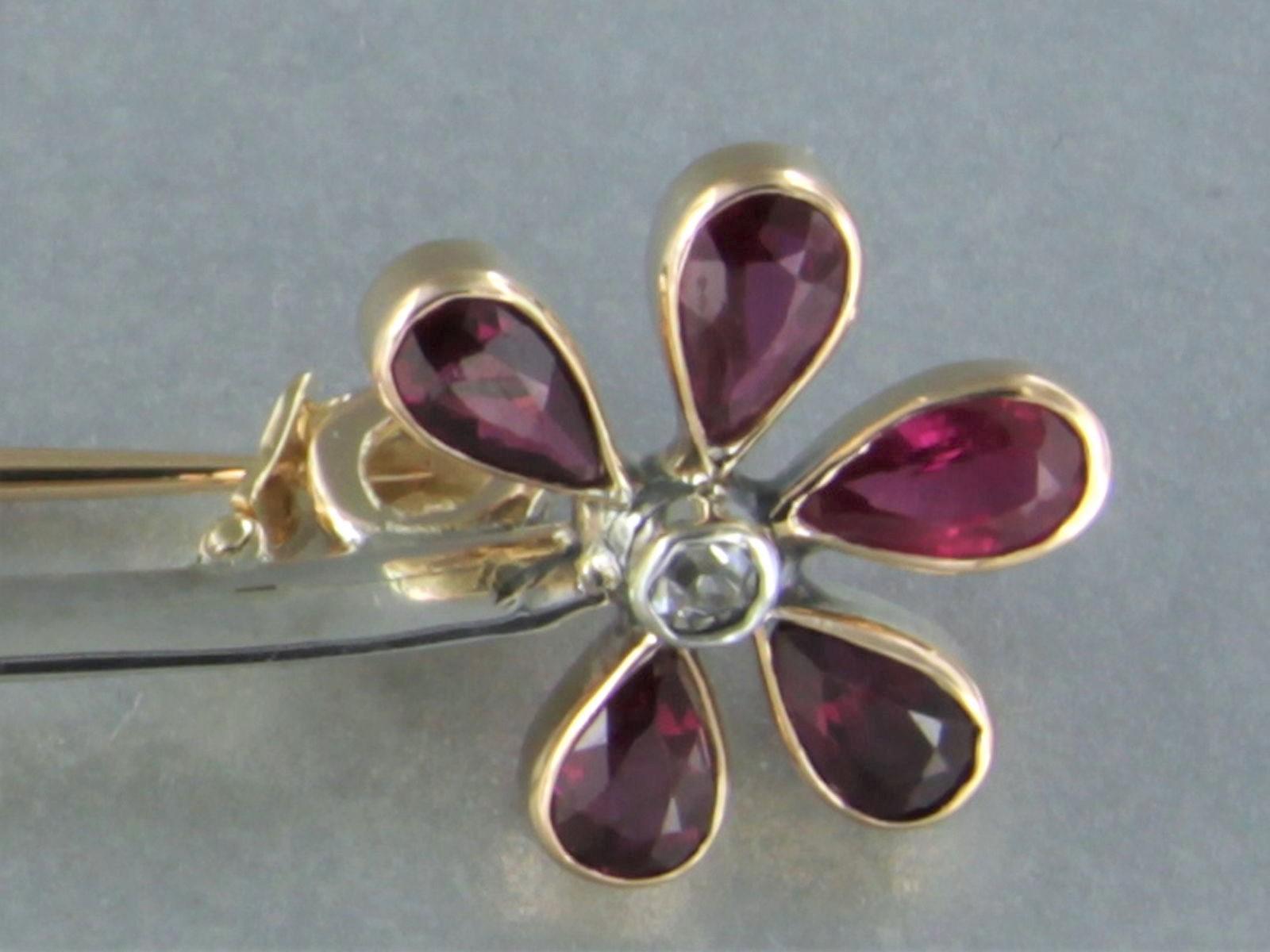 Rose Cut Brooch set with ruby and diamonds 14k yellow gold and silver For Sale