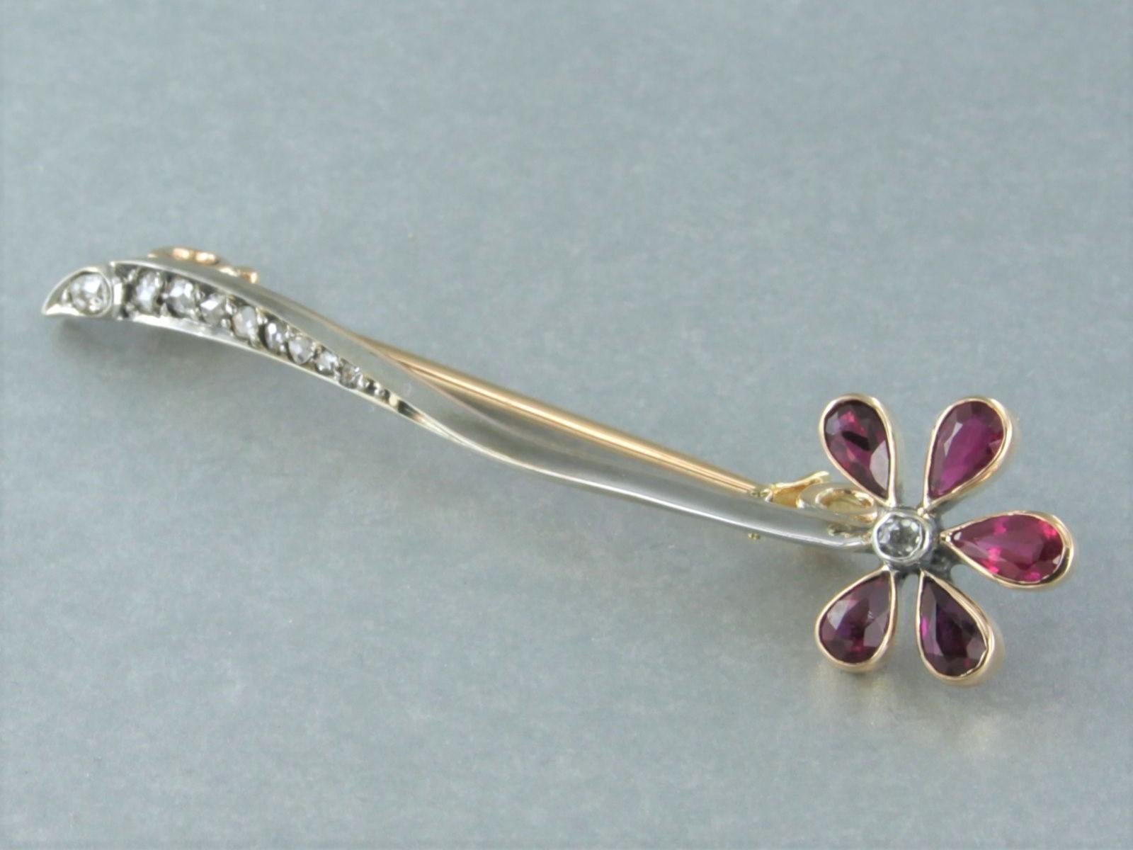 Women's Brooch set with ruby and diamonds 14k yellow gold and silver For Sale
