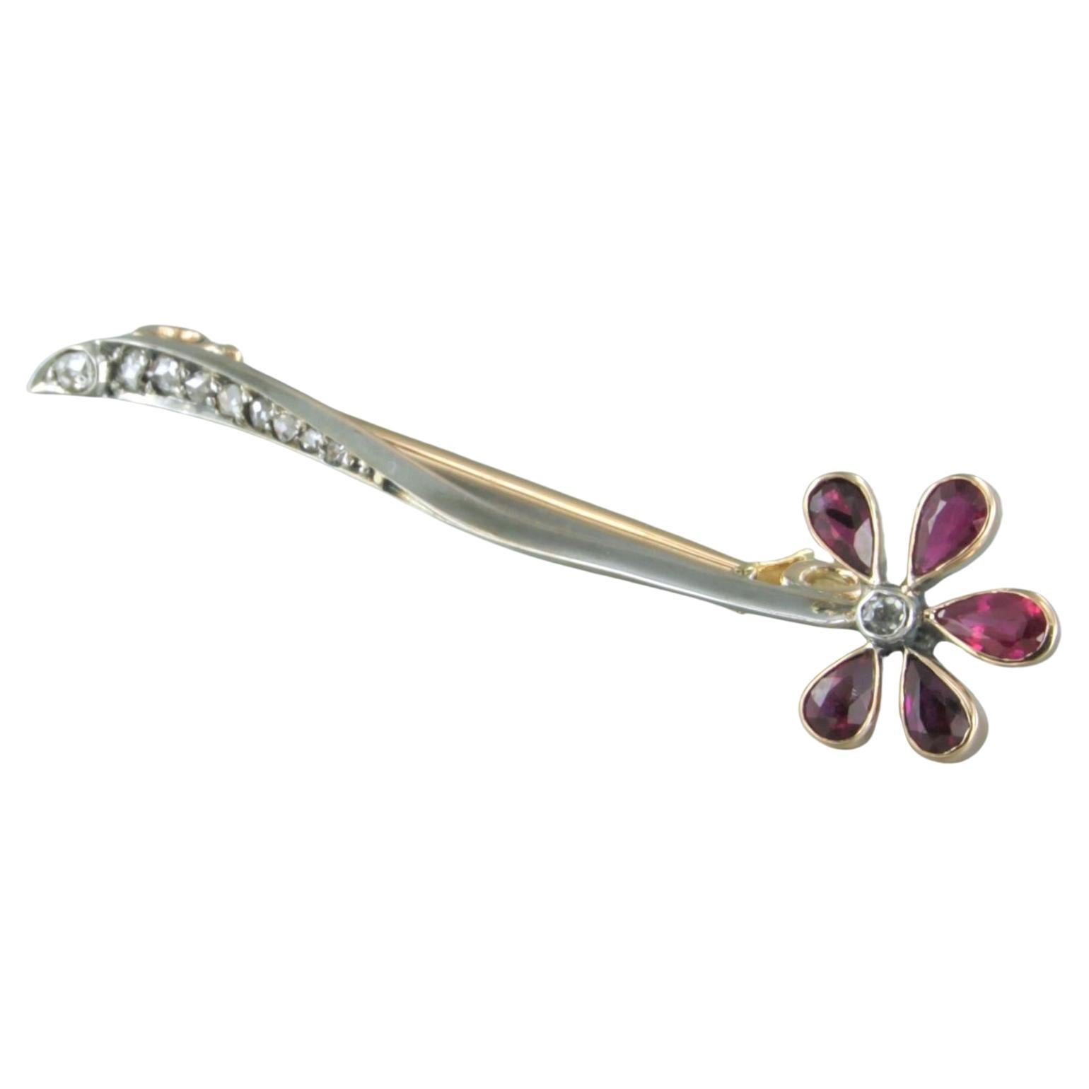 Brooch set with ruby and diamonds 14k yellow gold and silver For Sale