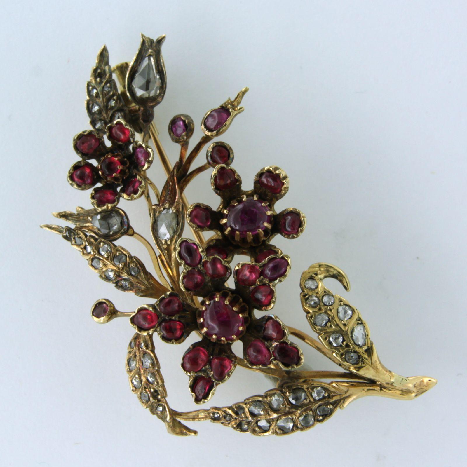 Rose Cut Brooch set with ruby and diamonds 18k yellow gold For Sale
