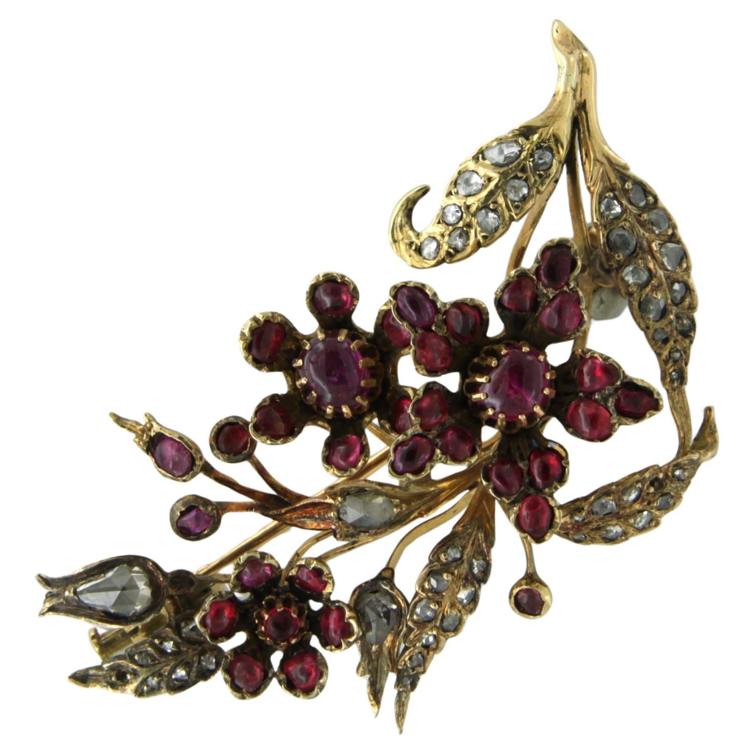 Brooch set with ruby and diamonds 18k yellow gold For Sale