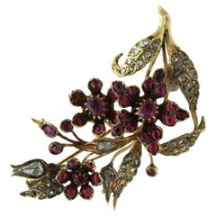 Antique Brooch set with ruby and diamonds 18k yellow gold