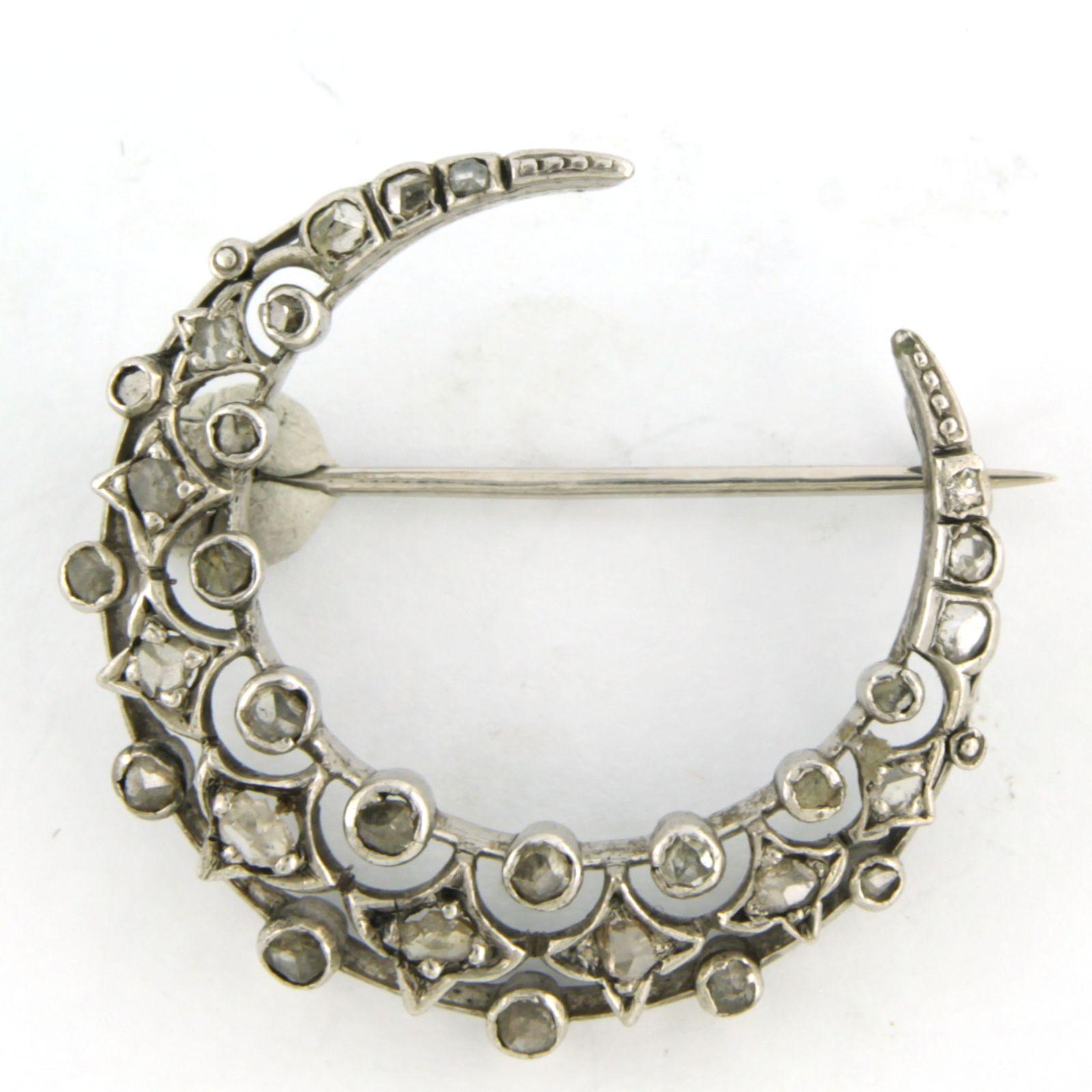 Early Victorian Brooch shape of a half moon with rose cut diamonds 14k white gold and silver For Sale