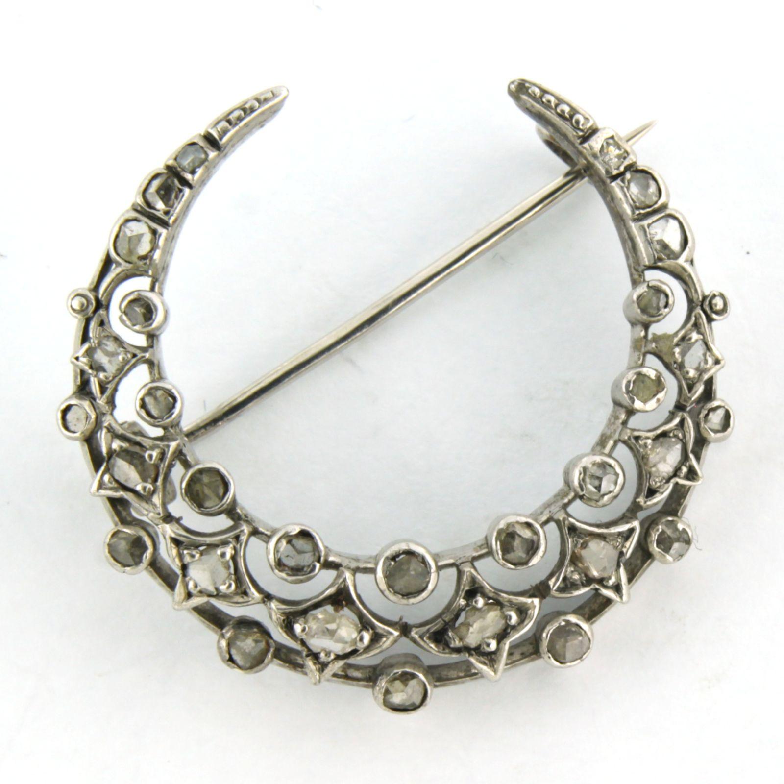 Rose Cut Brooch shape of a half moon with rose cut diamonds 14k white gold and silver For Sale