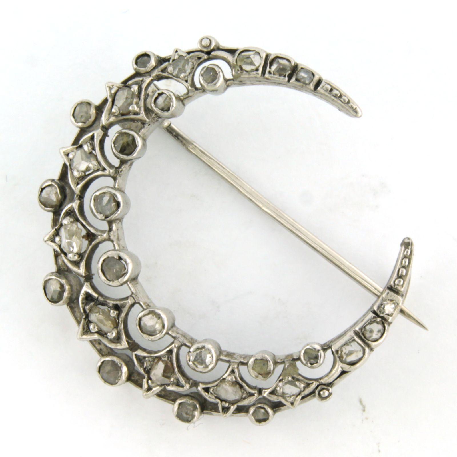 Brooch shape of a half moon with rose cut diamonds 14k white gold and silver In Excellent Condition For Sale In The Hague, ZH