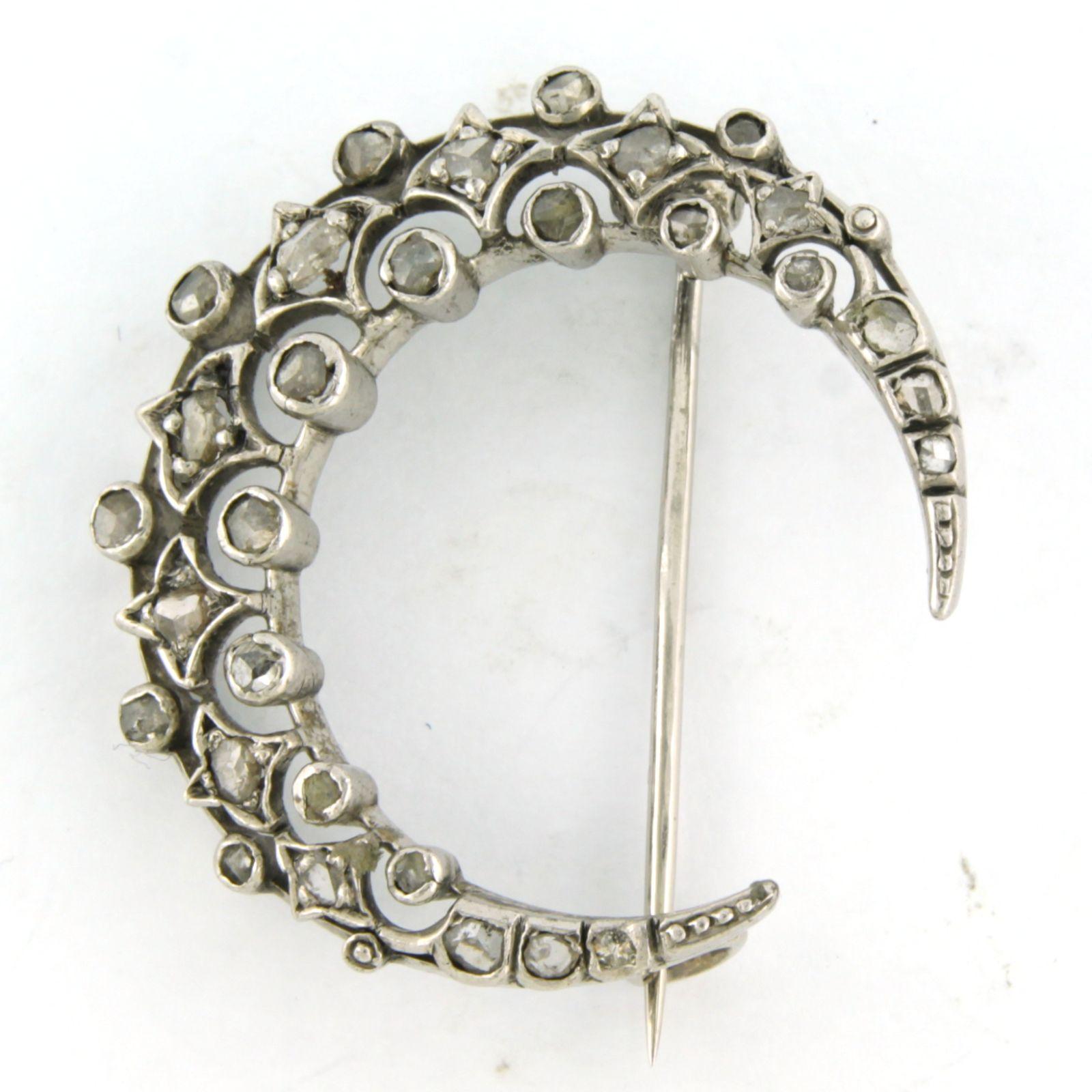 Women's Brooch shape of a half moon with rose cut diamonds 14k white gold and silver For Sale