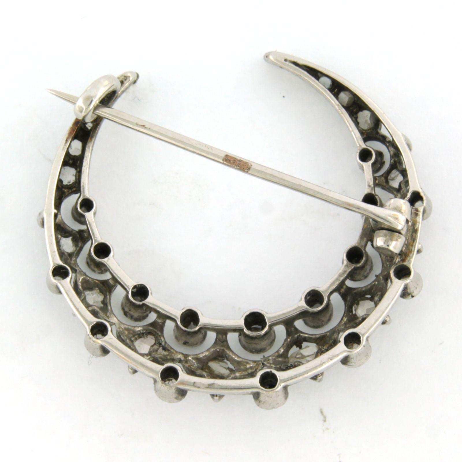 Brooch shape of a half moon with rose cut diamonds 14k white gold and silver For Sale 1