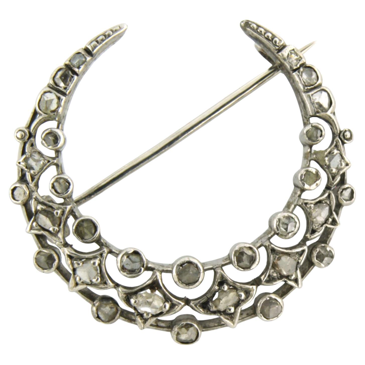 Brooch shape of a half moon with rose cut diamonds 14k white gold and silver For Sale