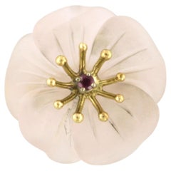 Brosche in Blumenform mit Rosenquarz und Rubin, 18 Karat Gold