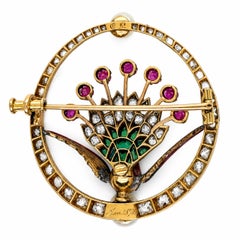 Brosche-Victorian 1870 Antike Burma Rubine, Smaragde & Diamanten in 18K Gold.