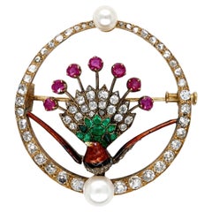 Broche-Victorienne 1870 Rubis, Emeraudes et Diamants anciens de Birmanie en or 18K.