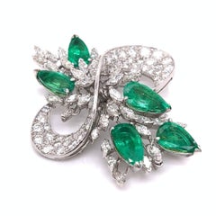 BROOCH Vintage 14K White Gold 15.00 Carat Colombian Emerald & Diamond Brooch