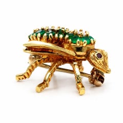 BROOCH Vintage 18K Yellow Gold Emerald & Diamond Fly Insect Pin