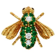 BROOCH Vintage 18K Yellow Gold Emerald & Diamond Fly Insect Pin