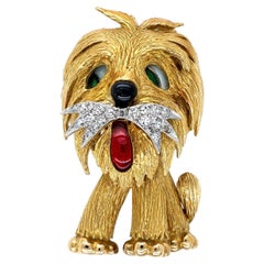 BROOCH - Vintage 1960s Shaggy Dog 0.50 CTW Diamond & Enamel Pin in 18K Gold