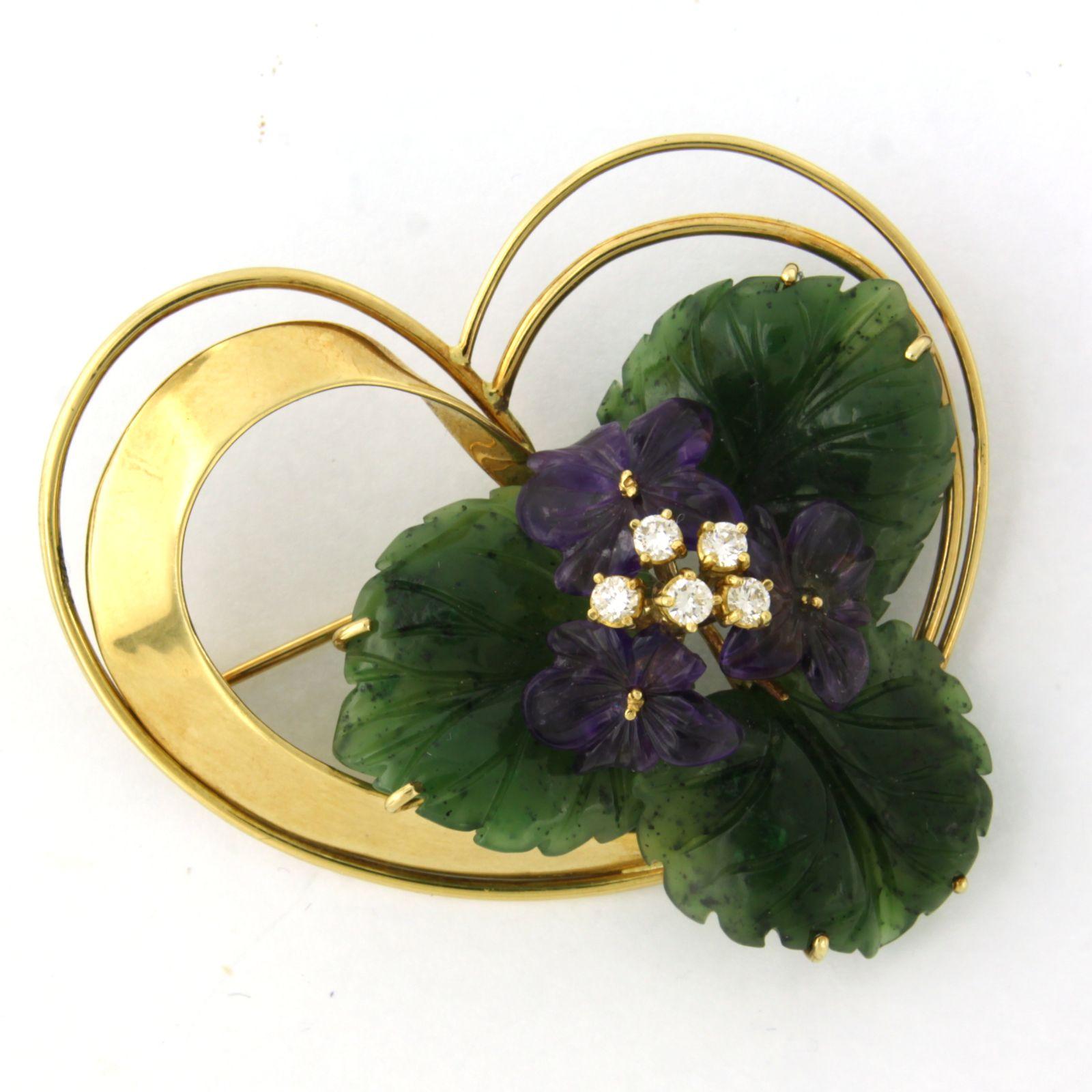 Moderne Broche avec améthyste, jade et diamants taille brillant jusqu'à 0,25ct Or 18k en vente