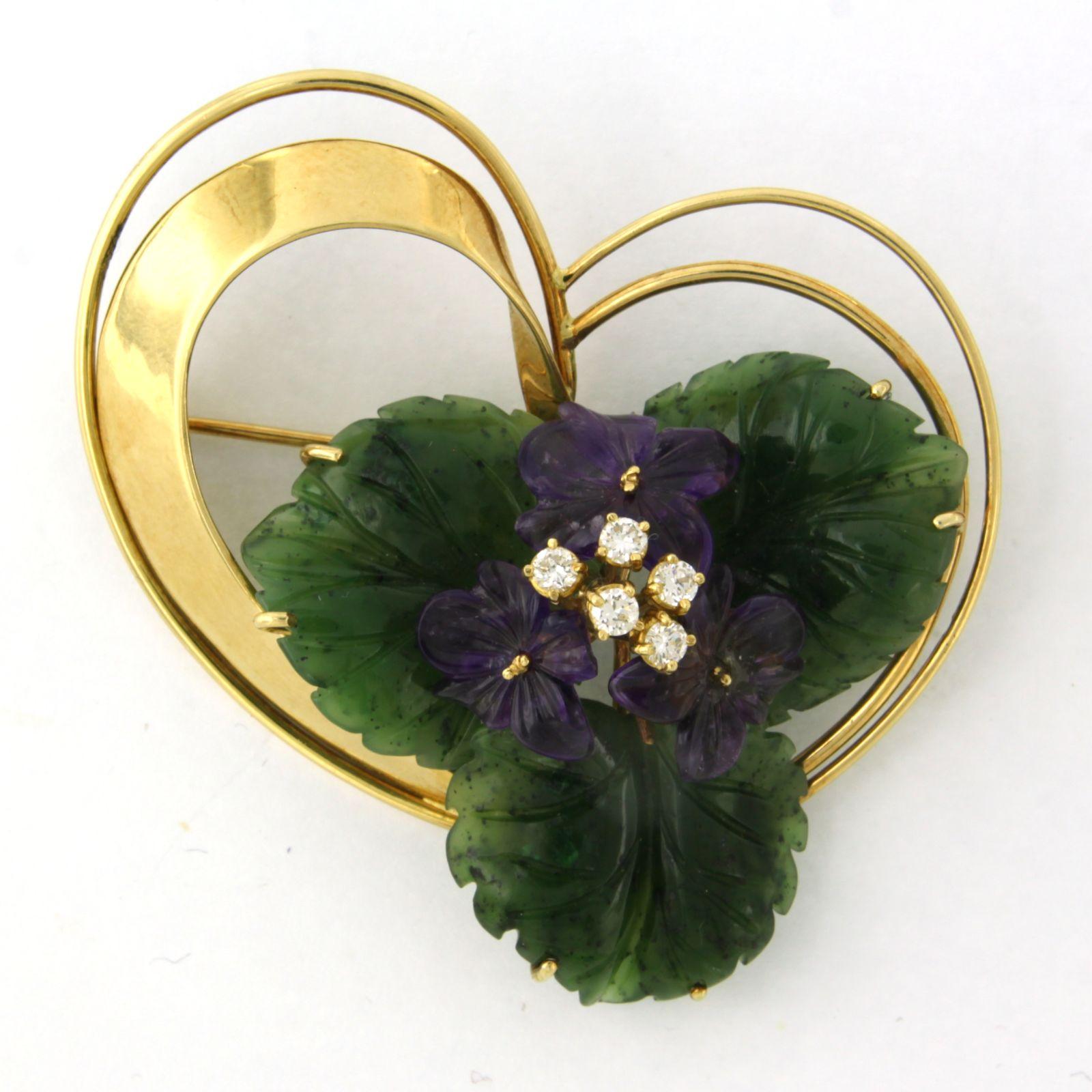 Broche avec améthyste, jade et diamants taille brillant jusqu'à 0,25ct Or 18k en vente 1