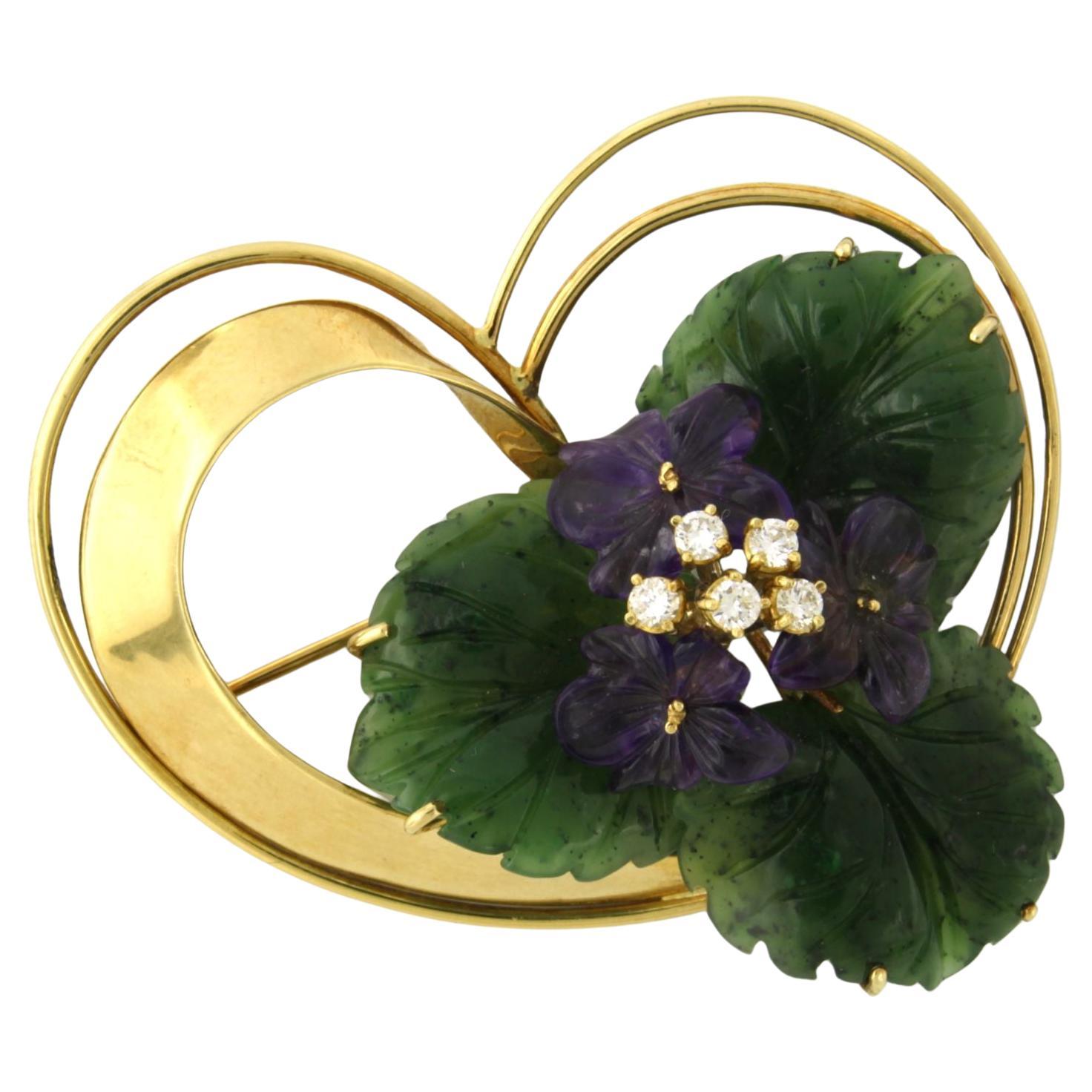 Brooch with Amethyst, Jade and brilliant cut diamonds up to 0.25ct 18k gold