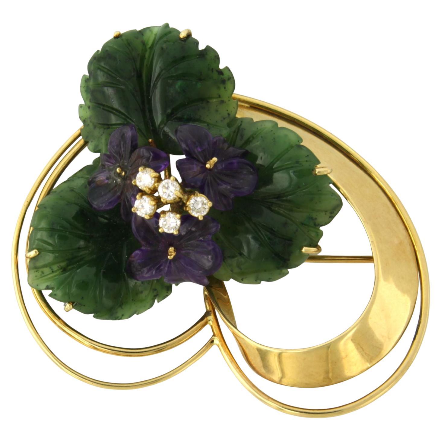 Brooch with Amethyst, Jade and brilliant cut diamonds up to 0.25ct 18k gold