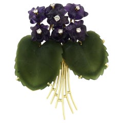 Broche avec améthyste, jade et diamants taille brillant jusqu'à 0,40ct or 14k